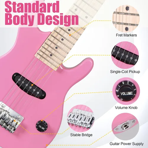 Miniatura 6 de ZENY Guitarra eléctrica para niños de 30 pulgadas con amplificador de 5 W, bolsa de concierto, correa, cable, cuerdas y púas, kit de accesorios Rosa