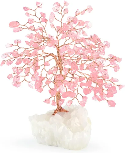 Árbol de la Vida de Cristal de Piedras Preciosas, Base de Racimo de Cuarzo Rosa Natural y Cuarzo Transparente, Cristal Curativo de Energía Positiva