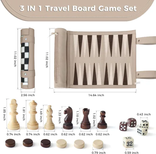 Miniatura 2 de Woodronic Juego de backgammon de ajedrez magnético, juego de ajedrez magnético 3 en 1 para adultos, juego de mesa de gamuza portátil enrollable