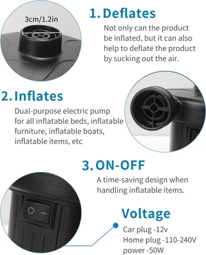 Miniatura 6 de Bomba de aire eléctrica inflable, bomba de inflado rápida portátil de 110 V AC/12 V CC con 3 boquillas, utilizada para barcos inflables, etc