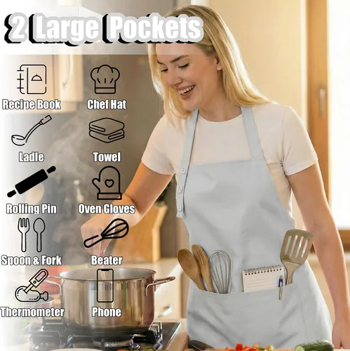 Miniatura 2 de TOSHE Delantal de cocina de algodón resistente a las gotas de agua con delantal ajustable para mujeres con bolsillos, 10 opciones de color, delantal