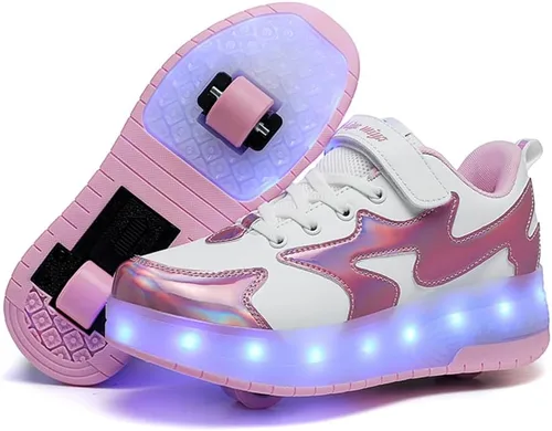 Miniatura 10 de Wooowyet - Tenis con ruedas y luces LED para niños y niñas, con ruedas, USB recargable, cierre de gancho y bucle
