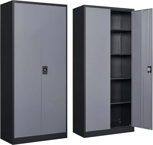 Miniatura 14 de Armario de almacenamiento de metal con 2 puertas, gabinete de almacenamiento de acero con cerradura con 2 puertas y estantes ajustables, gabinete