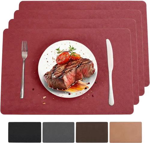 Miniatura 12 de Juego de 6 manteles individuales de vinilo, resistentes al calor, fáciles de limpiar, antideslizantes, para mesa de comedor, piel sintética, Negro