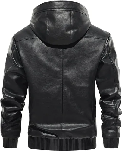 Miniatura 3 de Fanarcher Chaqueta de hombre de piel sintética con forro polar acolchada tipo bomber para motocicleta con capucha