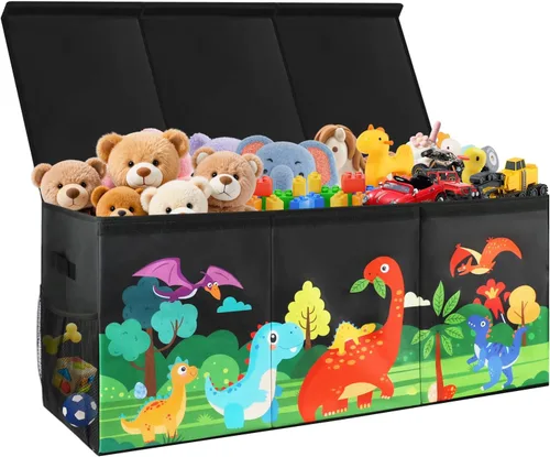 Caja de juguetes extragrande para niños, organizador de juguetes plegable con separadores y tapas, contenedor de almacenamiento de dinosaurios de