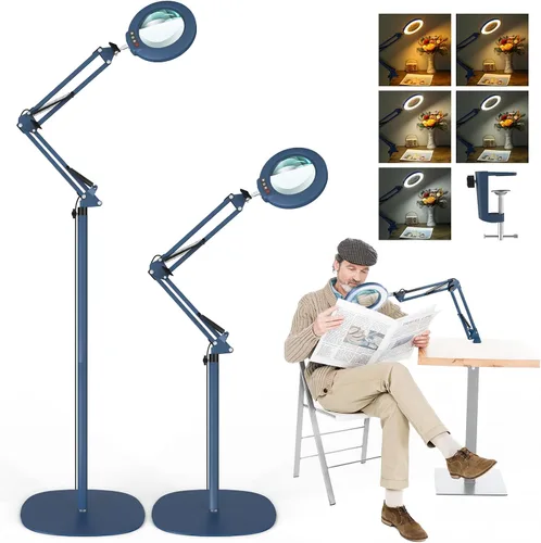 Miniatura 10 de Lupa 12X con luz y soporte, lente de cristal real (no acrílica), 5 modos de color, regulable continuo, lámpara de pie LED 3 en 1, brazo oscilante