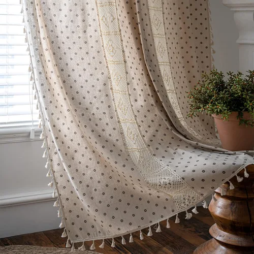 Miniatura 87 de Deeprove Cortinas bohemias para dormitorio, rayas huecas de ganchillo crema y estampado floral, tela de lino de algodón, con borlas beige bohemias