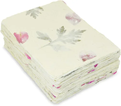 Miniatura 5 de Cartulina Lokta hecha a mano de 5 x 7 pulgadas, papel con pétalo de buganvilla y hojas de Titepati. para papelería vintage, impresión e invitaciones