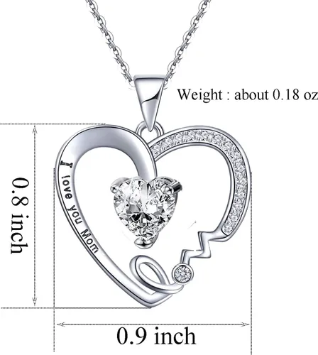 Miniatura 2 de UEUC - Collar con dije en forma de corazón con la leyenda I Love You Mom plata de ley 925, con diamantes de imitación, para mamá.