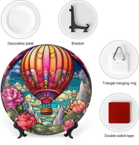 Miniatura 3 de Platos decorativos, placa de cerámica con estampado de globos de aire caliente, plato de cena tambaleante con soporte de exhibición, decoración