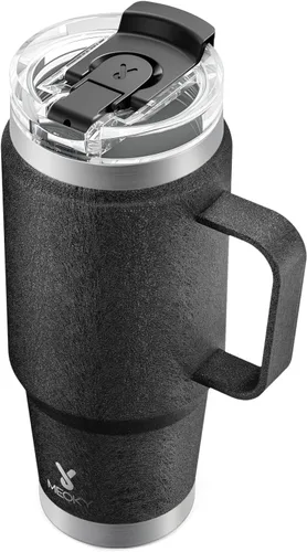 Miniatura 26 de Meoky - Vaso de 32 onzas con asa, taza de viaje de acero inoxidable con pajilla y tapa 2 en 1, taza de café con aislamiento al vacío, 100% a prueba
