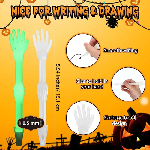 Miniatura 2 de Seajan 50 bolígrafos de Halloween que brillan en la oscuridad con huesos de calavera novedosos bolígrafos de enfermería creativos para niños
