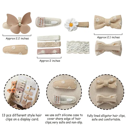 Miniatura 5 de 13 piezas de pinzas para el cabello para niñas con lazos mariposa y flores, pinzas de cocodrilo forradas de 2 pulgadas y pasadores, accesorios