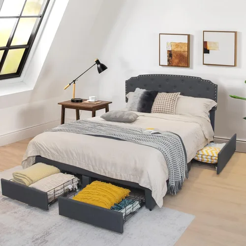 Giantex Base de cama tapizada, cama de tamaño matrimonial con 4 cajones de almacenamiento y cabecera ajustable con botones, soporte de listones de