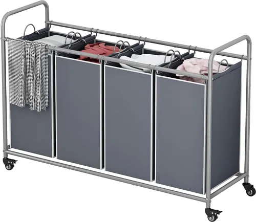 Miniatura 10 de LINZINAR Clasificador de ropa sucia de 3 bolsas, carrito cesto de ropa sucia con ruedas rodantes resistentes y con bloqueo y bolsas removibles