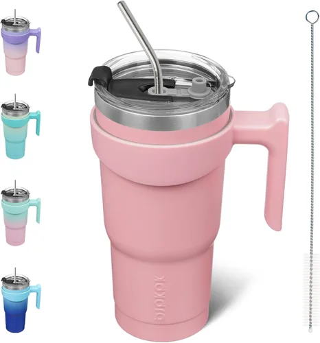 BJPKPK Vaso con asa de acero inoxidable de 20 onzas, con aislamiento de doble pared, con tapa y pajita, color rosa claro A-rosa claro