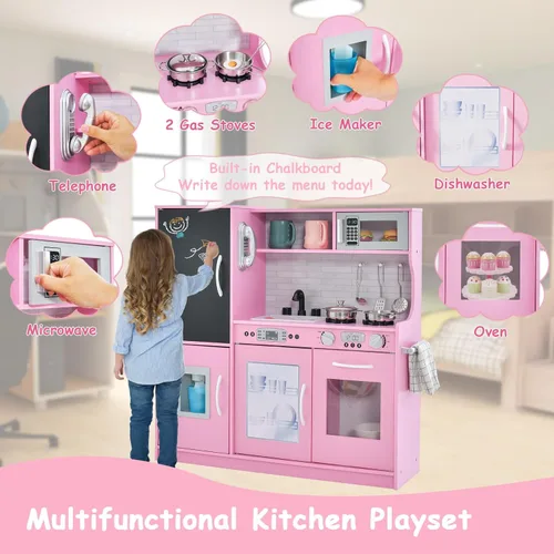 Miniatura 3 de HONEY JOY Set de cocina de madera de juguete para niños, juego de simulación de pequeño chef con pizarra, teléfono, utensilios, horno, microondas