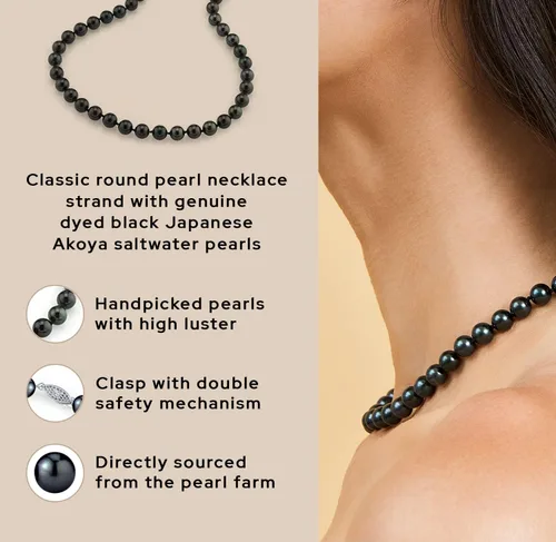Miniatura 5 de The Pearl Source Collar de perlas japonesas Akoya negras para mujer, collar de perlas de oro de 14 quilates Collar de perlas largas de 18 pulgadas
