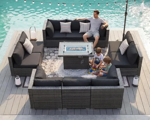 Miniatura 14 de BULEXYARD Juego de 7 piezas de sofá seccional para exteriores con respaldo alto, mesa para fogatas, juego de muebles de patio de mimbre resistente a