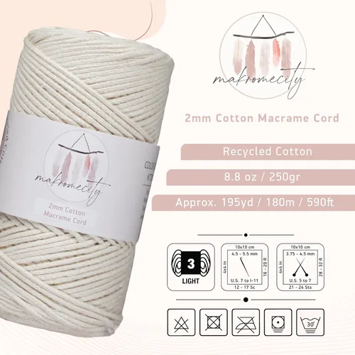 Miniatura 2 de Makromecity, Cordón de macramé de algodón de 0.079 in x 195 yardas (590 pies) de algodón reciclado de 0.079 pulgadas, hilo de ganchillo para Crudo