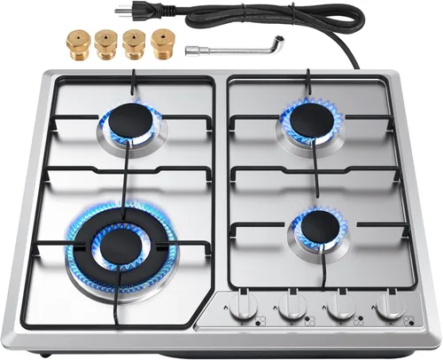 Miniatura 8 de Alemania Placa de cocina de gas de 4 quemadores de 24 pulgadas, estufa de propano integrada con conversión de NG/LPG, placa de vidrio negro