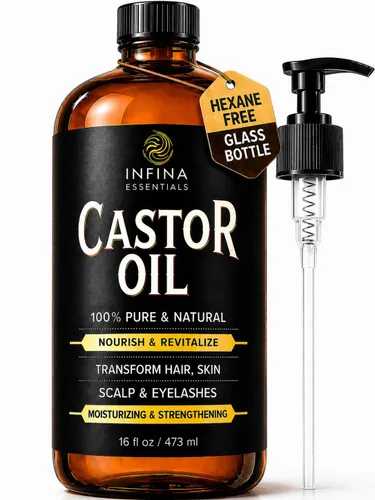 INFINA ESSENTIALS Aceite de ricino puro prensado en frío, sin hexano, botella de vidrio para el crecimiento del cabello, cara, cuero cabelludo, piel
