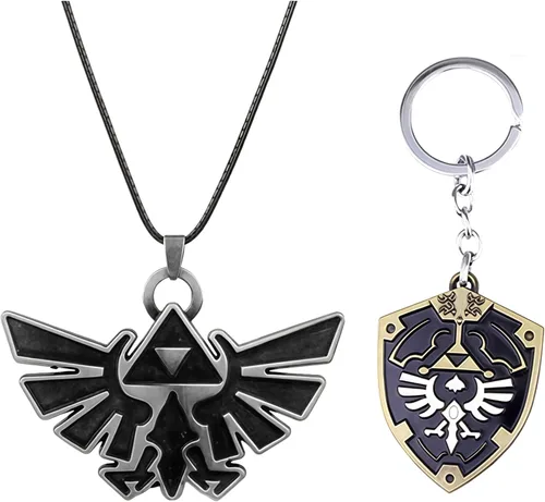 Juego de collar con diseño de escudo Hylian para cosplay, juego de collar con símbolo de trifuerza, llavero, cadena colgante, regalo de joyería para