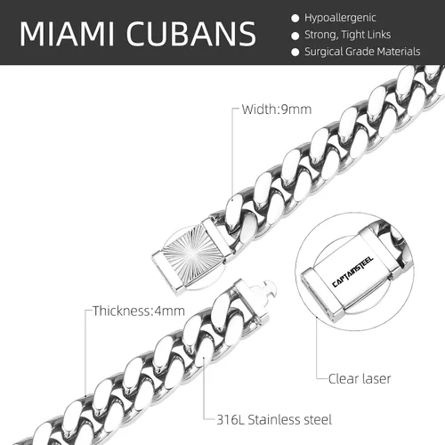 Miniatura 4 de CaptainSteeL Pulsera de cadena de eslabones cubanos para hombre, acero inoxidable 316L, 90.394 in de ancho, patrón de moda, botón a presión, joyería