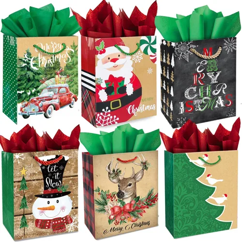 Party Funny 24 Bolsas Pequeñas de Regalo de Navidad a Granel con Asas, 26 Papel de Seda y 60 Unidades de Etiquetas de Regalo de Navidad - Juego de