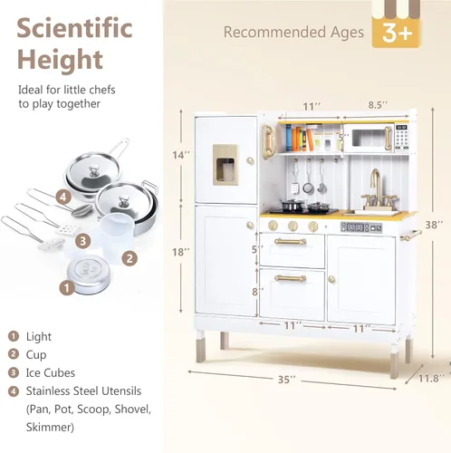 Miniatura 8 de Kinder King Cocina de madera para niños, juego de cocina para niños pequeños, juego de juguetes de cocina con sonidos reales, horno microondas