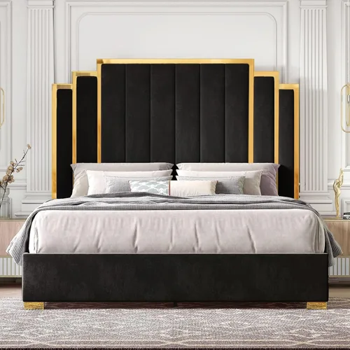 Miniatura 14 de HOWE Base de cama tamaño Queen y cabecera de 61 pulgadas, cama tapizada con borde chapado en oro, cama de plataforma moderna, no necesita somier