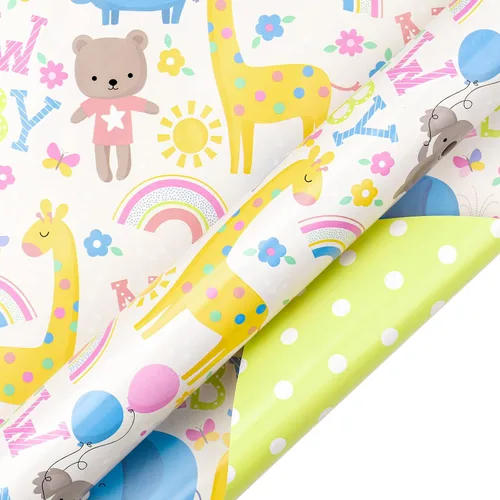 Miniatura 3 de WRAPAHOLIC - Papel de regalo reversible para baby shower de 30 pulgadas x 33 pies - Diseño de animales y nuevo bebé para baby shower neutral, New