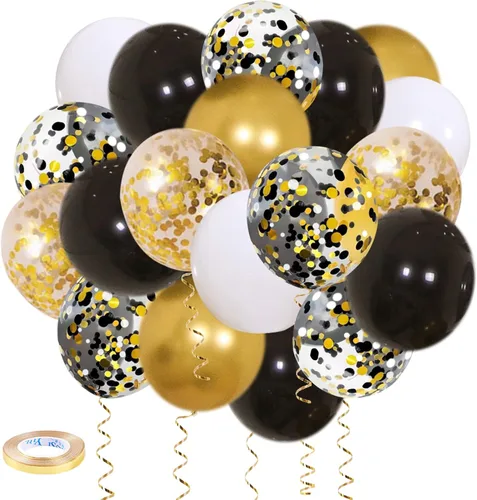 Miniatura 8 de Globos de confeti negro y dorado, paquete de 50 globos de látex metálicos y negros dorados para cumpleaños, graduación, aniversario, decoración