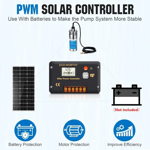 Miniatura 4 de ECO-WORTHY Kit de bomba de agua solar de 24 V, flujo grande de 3.2 GPM, 2 paneles solares de 100 vatios + bomba de pozo sumergible + controlador