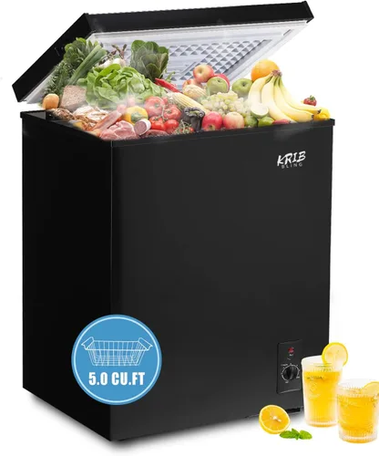 KRIB BLING - Congelador de cofre de 5.0 pies cúbicos con control de temperatura de 7 marchas (-16°F a -48°F), congelador compacto profundo con cesta