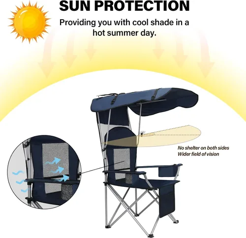 Miniatura 6 de Sillas de camping con toldo, silla de césped portátil cuádruple para adultos, silla reclinable plegable con portavasos para eventos al aire libre