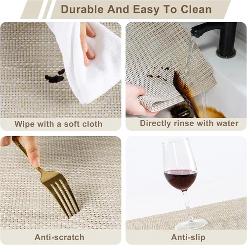 Miniatura 6 de Juego de 4 manteles individuales de vinilo de plástico tejido beige y amarillo para decoración de mesa de comedor, resistentes al calor