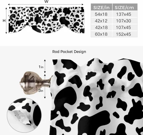 Miniatura 7 de Cenefa de amarre para ventanas, cortinas de cocina con textura de vaca, cenefas con bolsillo para barra, tratamientos cortos, textura animal, cenefa