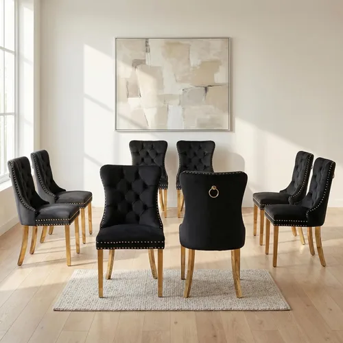 Miniatura 157 de OVENTA Juego de 4 sillas de comedor modernas tapizadas copetudas, terciopelo negro y gris y cuero con patas de madera maciza, sillas de cocina