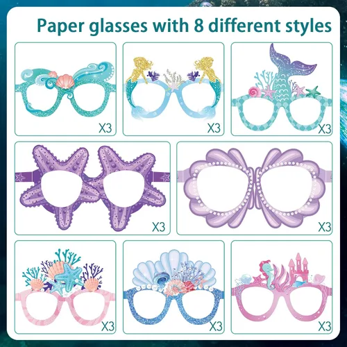 Miniatura 3 de Tenare 24 piezas de decoración de fiesta de sirena, lentes de papel con temática de sirena bajo el mar, verano, playa, fotomatón, accesorios