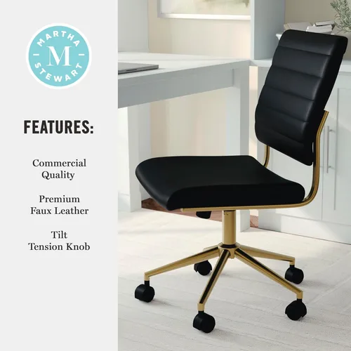 Miniatura 9 de Martha Stewart Ivy - Silla giratoria sin brazos para oficina en casa en piel sintética negra con marco de latón pulido