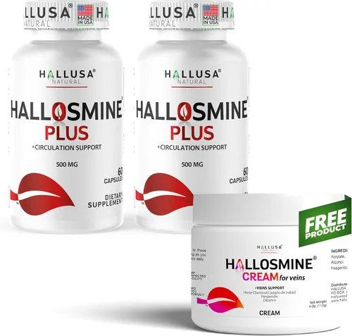 Hallosmine Plus Diosmin 500 mg + crema gratis para venas, soporte para la circulación y venas – Piernas pesadas y venas varicosas – Castaño de
