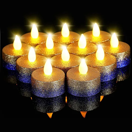 Miniatura 8 de Retisee 48 velas LED sin llama, velas falsas eléctricas con purpurina dorada y negra para centros de mesa, funciona con pilas, decoraciones