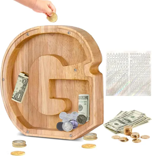 Miniatura 32 de Alcancía de Madera Personalizada con Letras del Alfabeto, Banco de Monedas con Letras del Alfabeto para Niños, Niñas y Bebés, Tamaño Grande, 26