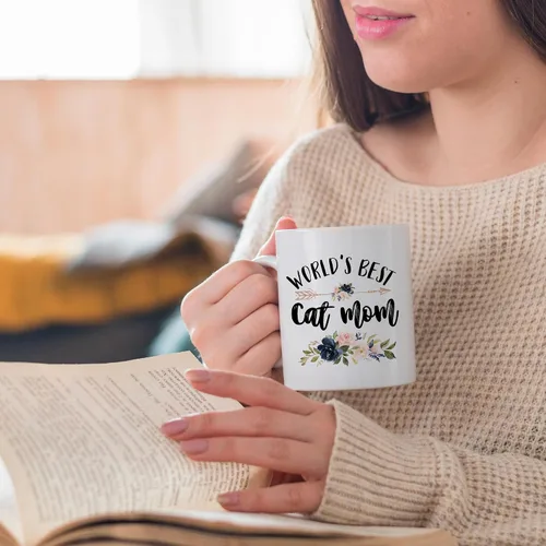 Miniatura 5 de Taza de café de cerámica con diseño de "Cat Mom", los mejores gatos del mundo, regalos para mamá y gato