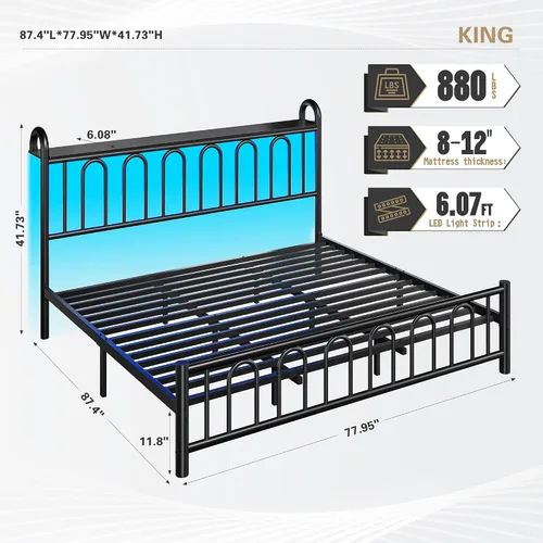 Miniatura 2 de Homkdom Base de cama tamaño King con cabecera de almacenamiento, marco de cama de metal clásico con luces LED y almacenamiento debajo de la cama