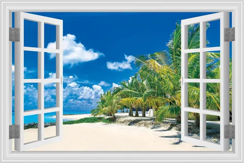 Miniatura 11 de FLFK Calcomanía de pared falsa para ventana, diseño de vista tropical del océano para despegar y pegar, 24 x 16 pulgadas