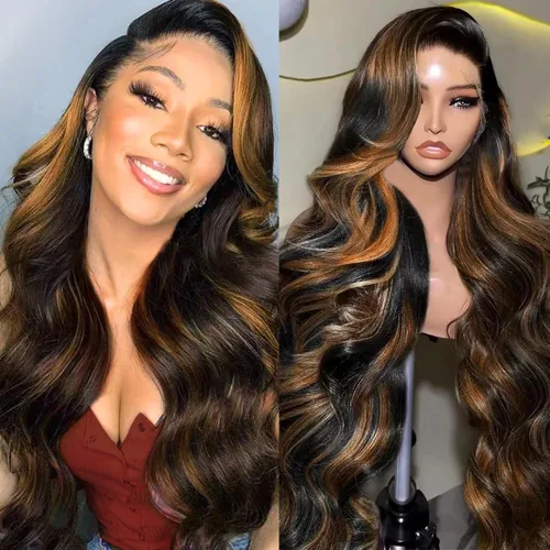 Peluca de cabello humano ondulada con encaje frontal resaltada Ombre, peluca frontal de encaje de 13x4, cabello humano prearrancado, 1B/30 HD,