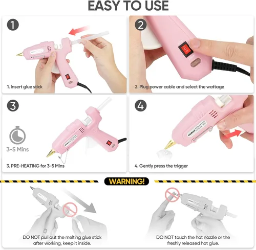 Miniatura 6 de ROMECH Pistola de pegamento caliente de tamaño completo con alimentación dual de 60/100 W y 21 barras de pegamento caliente (7/16"), pistola de Rosa